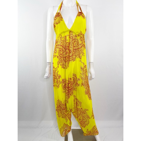 Katharine Story Yellow Jumpsuit Red Paisley Print Silk V-Neck Harem Style OS - Picture 1 of 8
